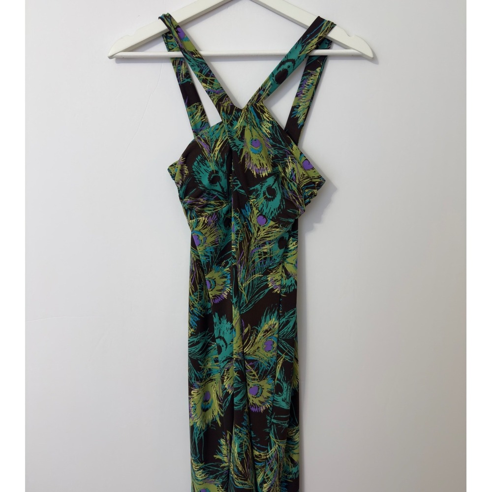MCM Modern Culture Mix Peacock Feather Dress L Brown Teal Green Art Deco Boho